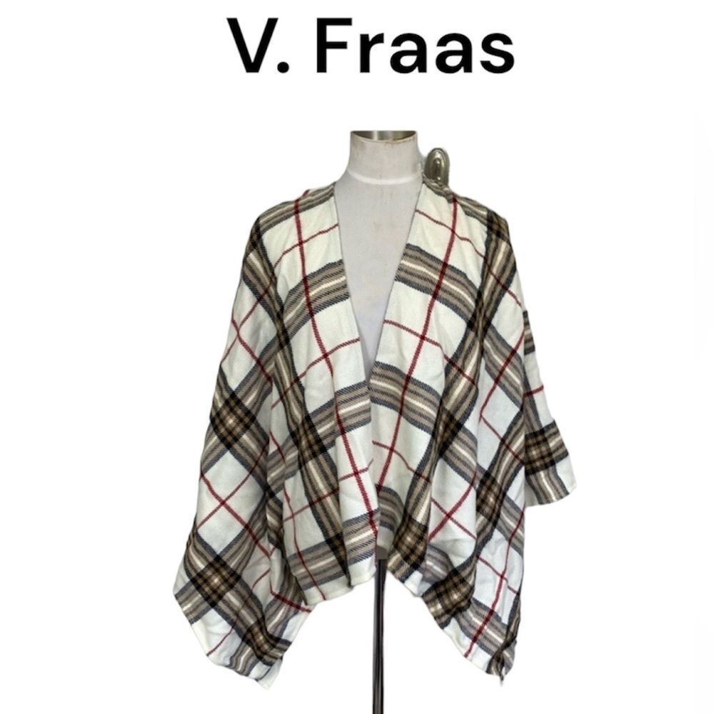 V.FRAAS Cream Tan Red Plaid Acrylic Flannel Wrap Shawl Scarf Women's One Size